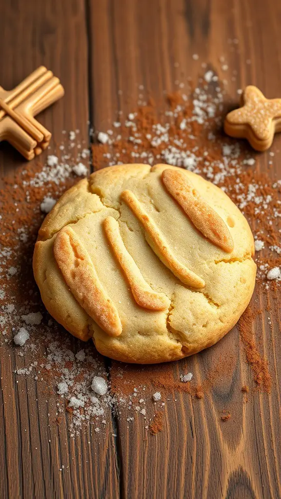 A freshly baked snickerdoodle cookie on a wooden surface, surrounded by cinnamon and sugar.