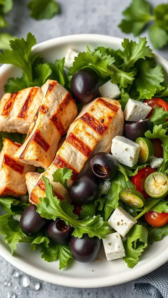 A Greek salad bowl featuring grilled chicken, greens, olives, tomatoes, and feta cheese.