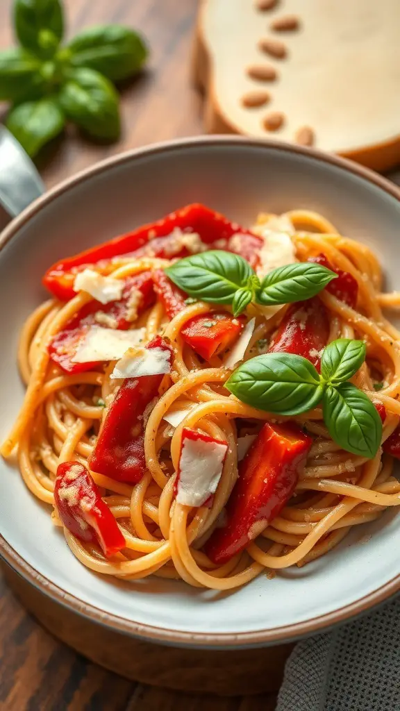 A bowl of roasted red pepper pasta garnished with basil leaves.