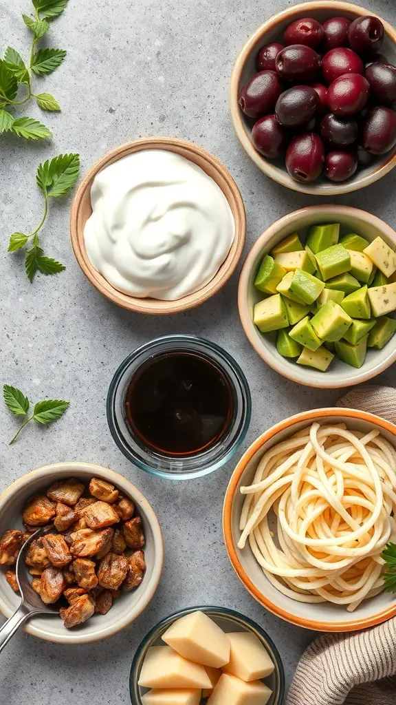 A variety of toppings for Mediterranean ground beef stir fry including yogurt, olives, green apples, and noodles.