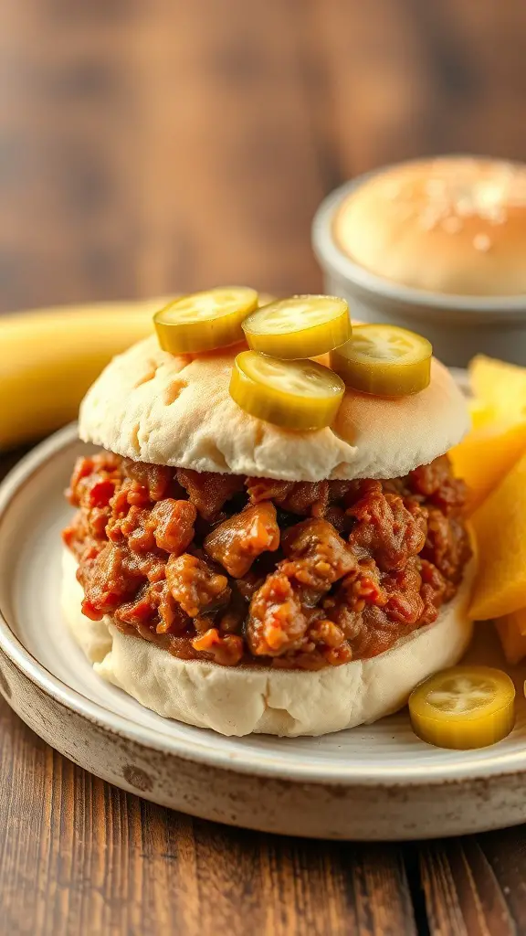 A plate of keto sloppy joes on cloud bread topped with pickles, served with sides.