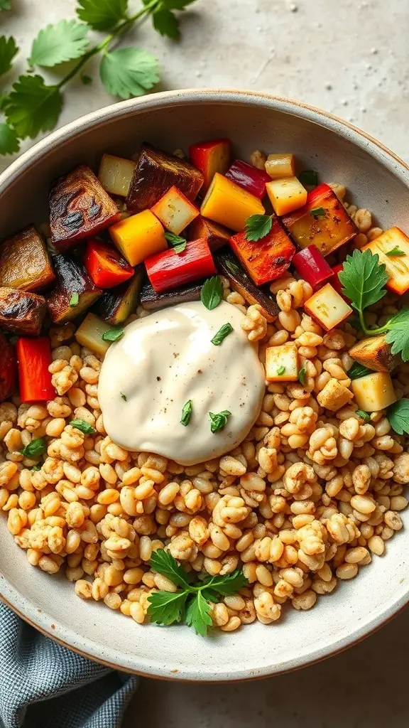 A Mediterranean grain bowl with barley, roasted vegetables, and a creamy sauce.