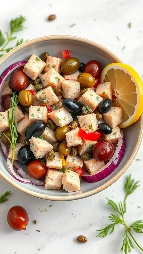 A bowl of Mediterranean Tuna Salad with tuna, olives, cherry tomatoes, and lemon.