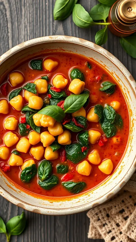 A bowl of Spicy Chickpea and Spinach Stew with chickpeas, spinach, and a rich red broth.