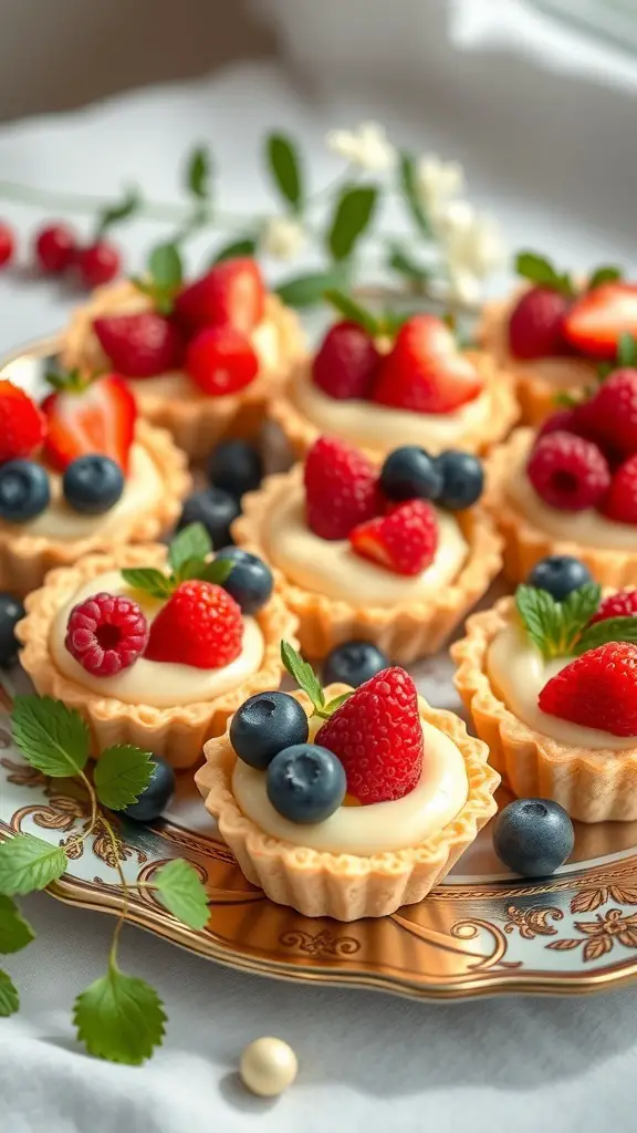 A plate of mini fruit tarts topped with strawberries, raspberries, and blueberries.