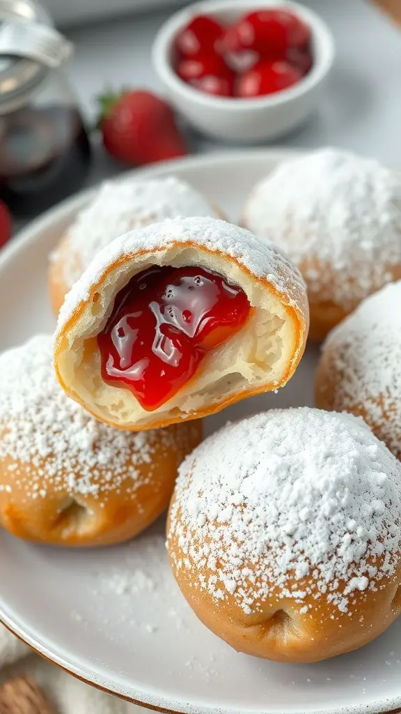 A plate of pączki filled with jam, dusted with powdered sugar, showcasing one cut open to reveal the red jam filling.