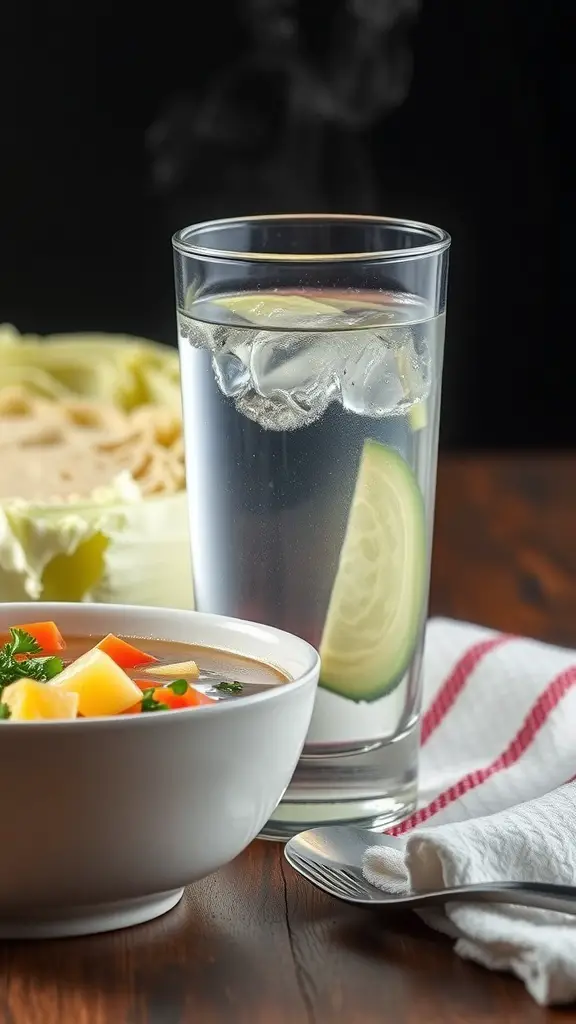 A bowl of cabbage soup next to a glass of water with cucumber slices.