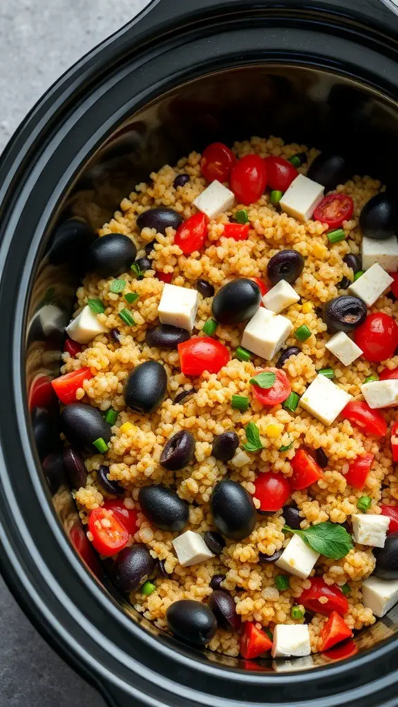 A close-up view of Mediterranean Quinoa Salad in a crockpot, featuring quinoa, cherry tomatoes, black olives, and feta cheese.
