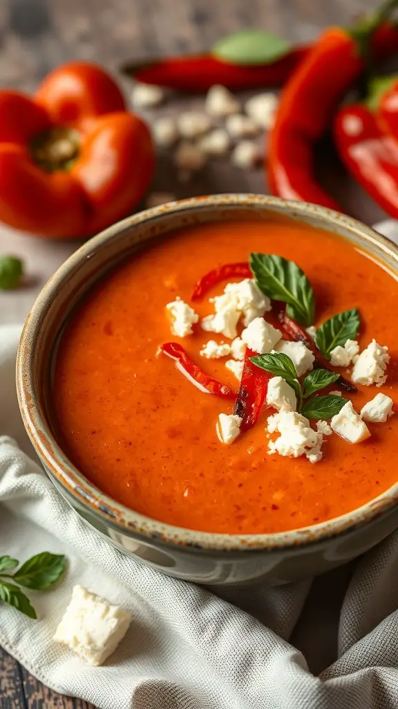 A bowl of roasted red pepper and feta soup garnished with feta cheese and basil, with red peppers in the background.