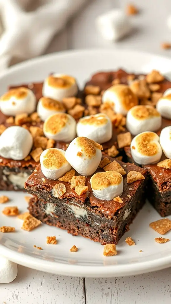 Gourmet S'mores Brownies with toasted marshmallows and graham cracker crumbs on top.