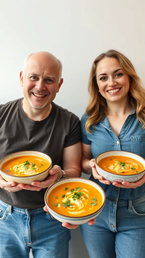 Two people smiling and holding bowls of soup