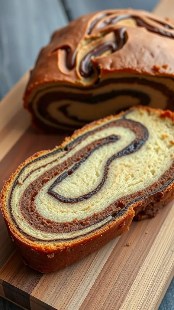 A loaf of classic babka with chocolate swirls, sliced to show the layers.