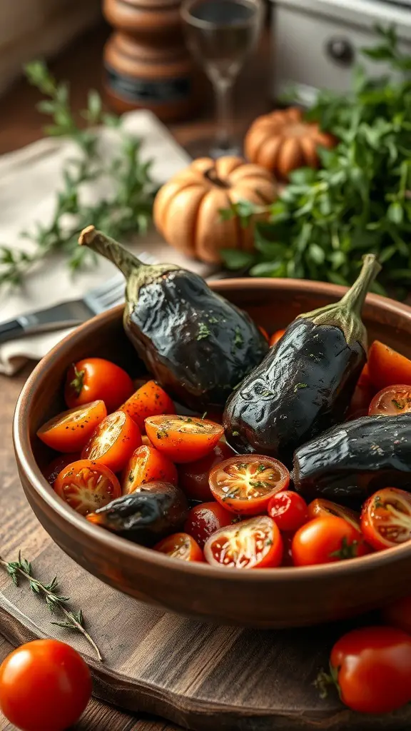 A wooden bowl filled with roasted eggplants and halved cherry tomatoes, garnished with herbs.