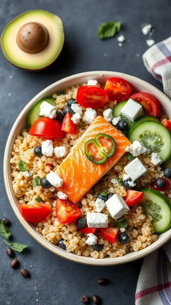 A colorful Mediterranean quinoa and salmon bowl with fresh vegetables and feta cheese.