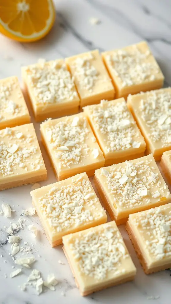 No-bake lemon coconut bars topped with shredded coconut, with a slice of lemon in the background.