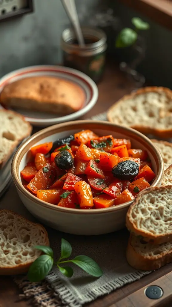 A bowl of ratatouille with crusty bread on the side, showcasing colorful vegetables and herbs.