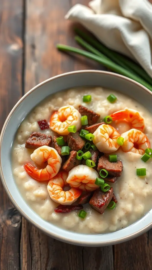 A bowl of shrimp and grits topped with spicy sausage and green onions.