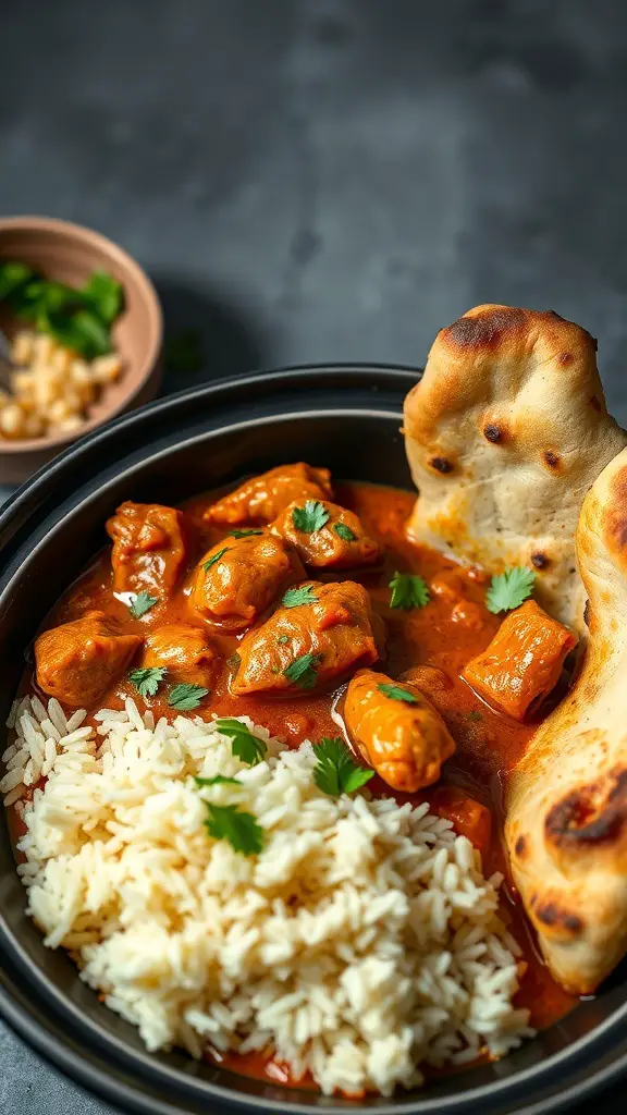 A bowl of Chicken Tikka Masala with rice and naan.