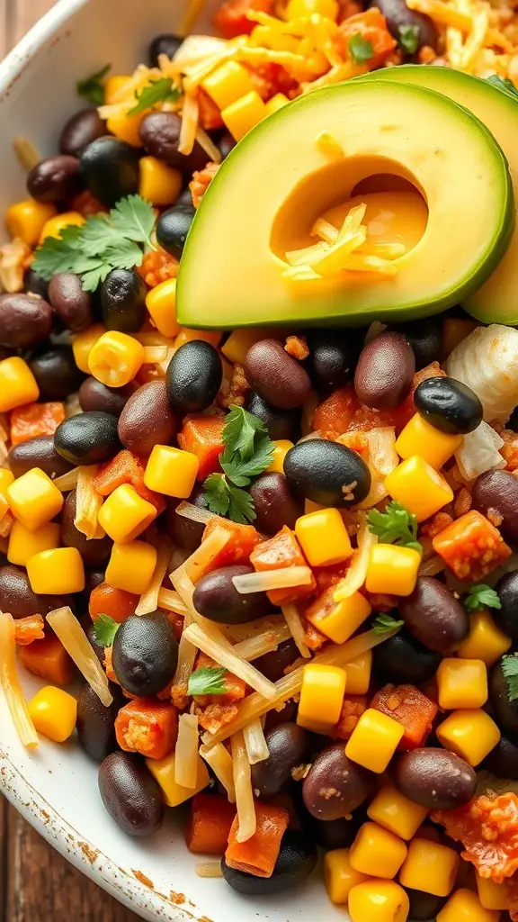 A colorful Mexican cabbage casserole with black beans, corn, and avocado slices.