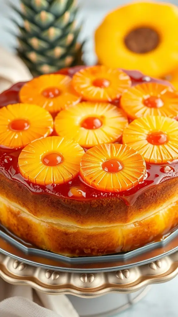 A delicious pineapple upside down cake topped with pineapple rings and cherries