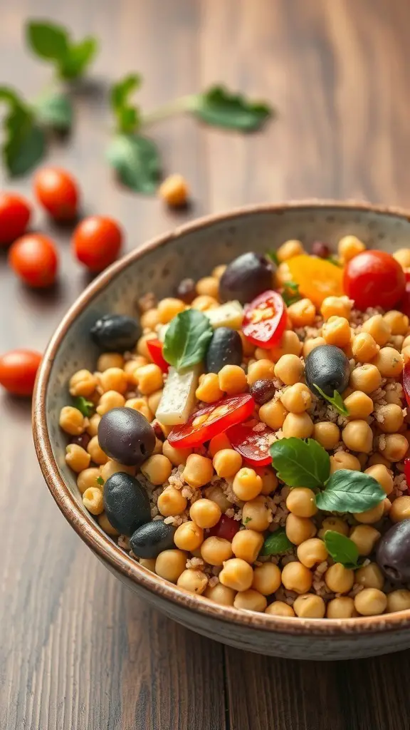 A bowl of Mediterranean grain salad with chickpeas, cherry tomatoes, olives, and fresh herbs.