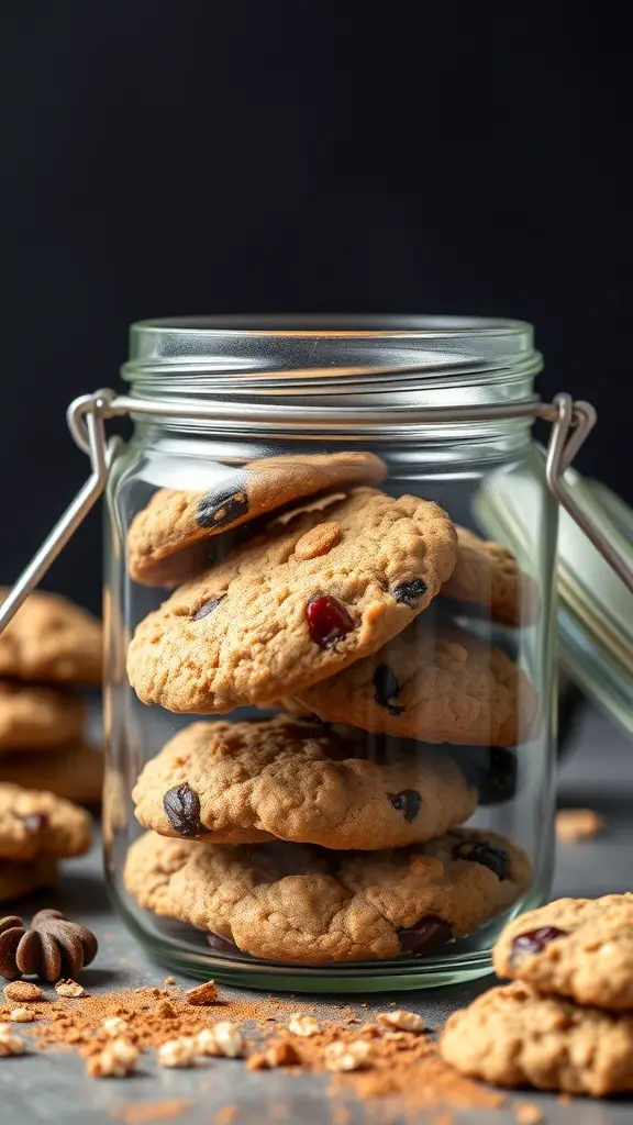 A jar filled with oatmeal raisin cookies, showcasing their golden-brown color and chewy texture.