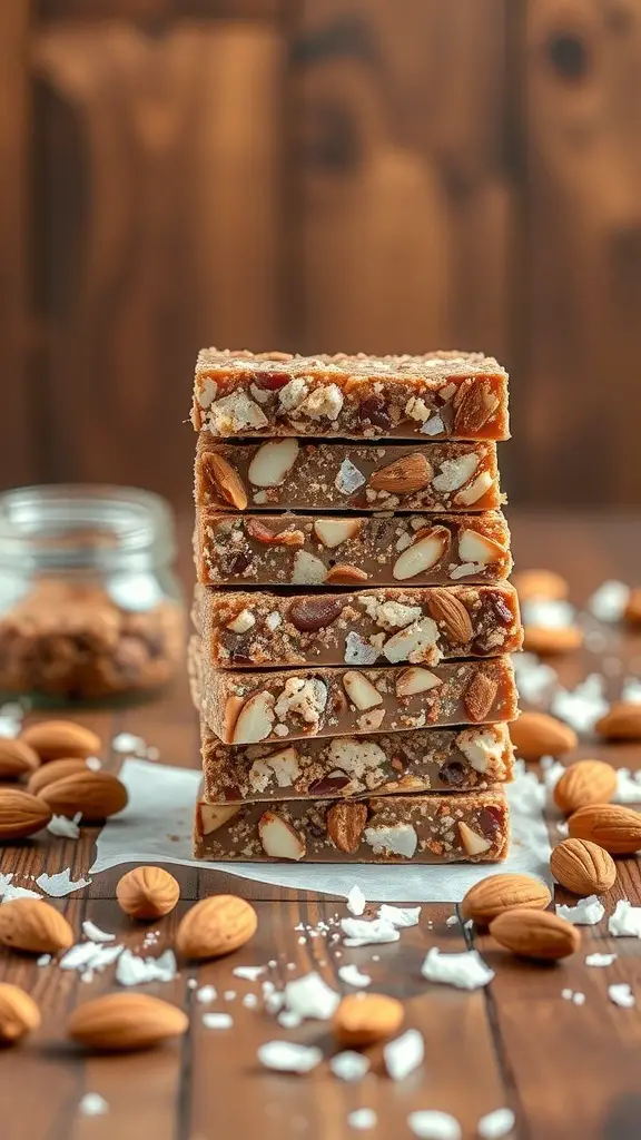 Stack of Almond Joy Energy Bars with almonds and coconut scattered around