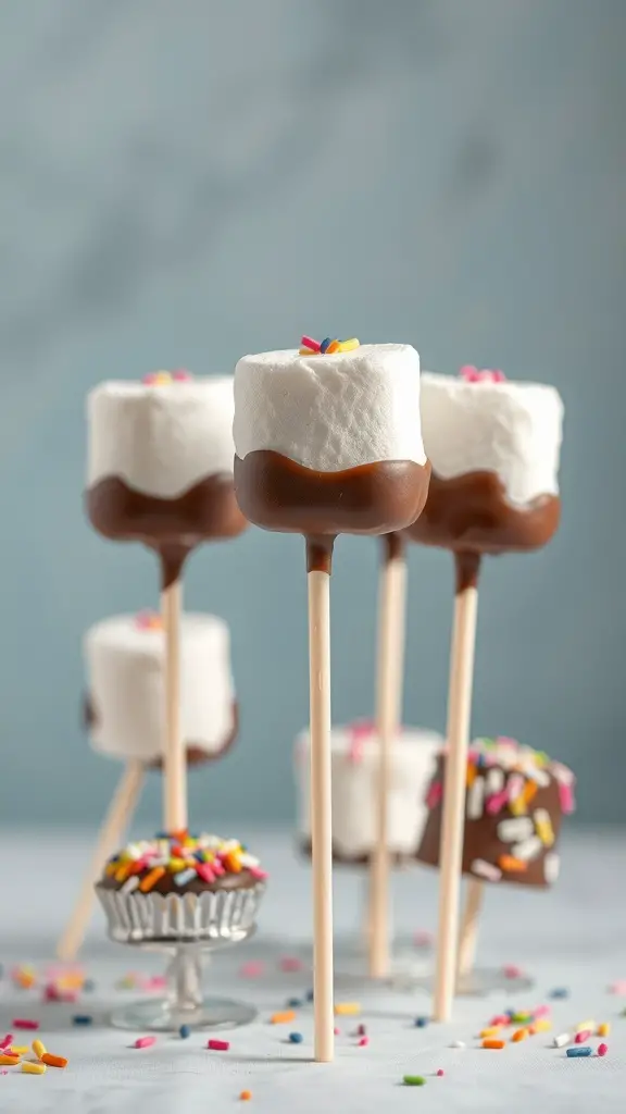 Chocolate dipped marshmallows on sticks with colorful sprinkles