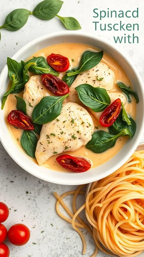 Creamy Tuscan Chicken with spinach and sun-dried tomatoes served in a bowl with pasta on the side.