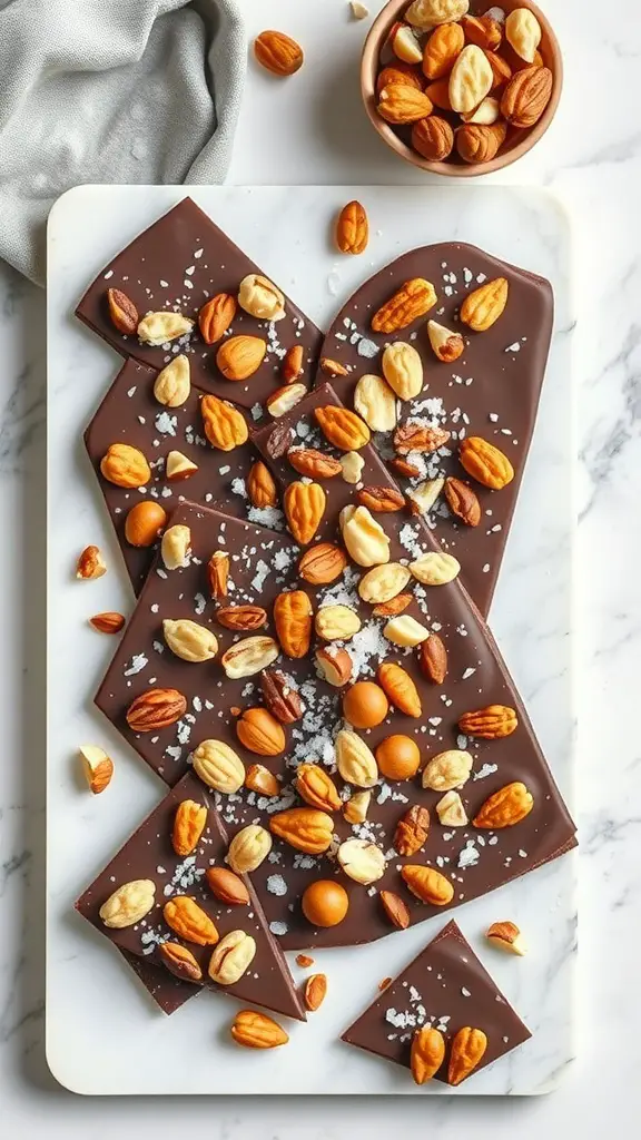 A delicious display of nutty chocolate bark topped with various nuts and sea salt.