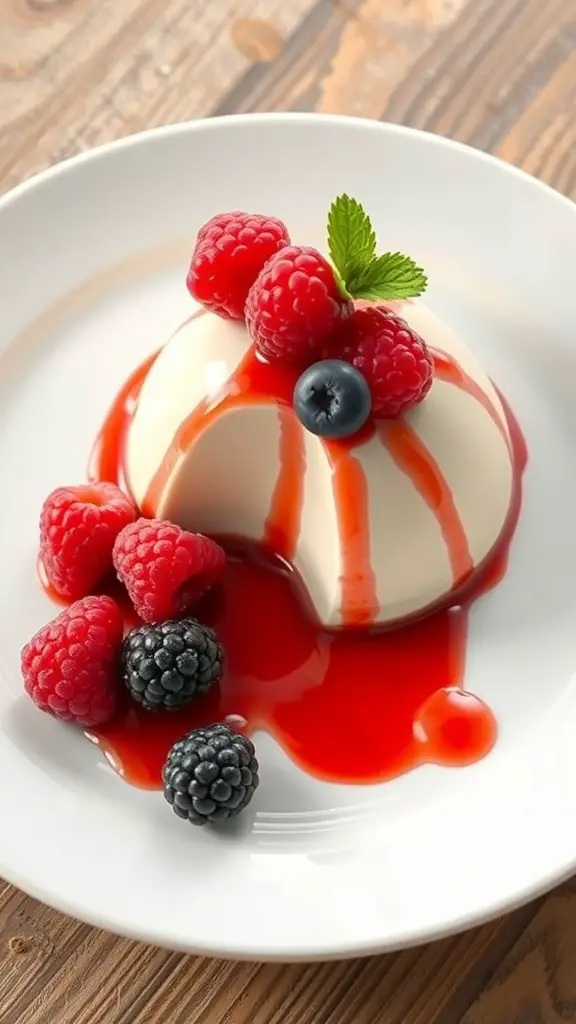 A plate of panna cotta topped with fresh berries and berry sauce.