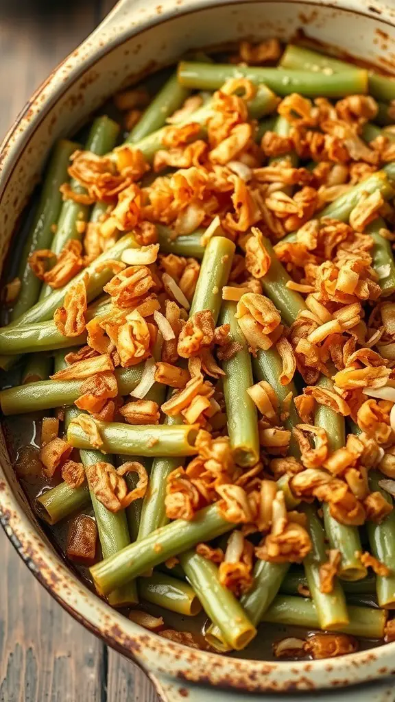 A delicious Southern Style Green Bean Casserole with crispy fried onions on top.