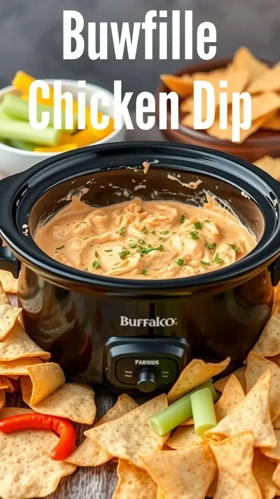 Buffalo Chicken Dip in a slow cooker with tortilla chips and veggies
