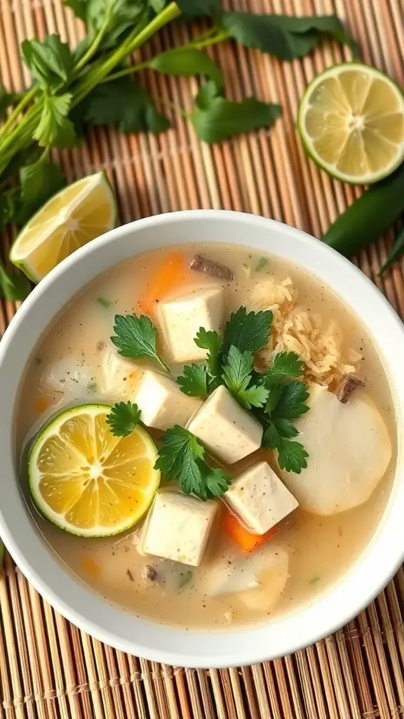 A bowl of lemongrass tofu soup with tofu cubes, vegetables, and lime slices.