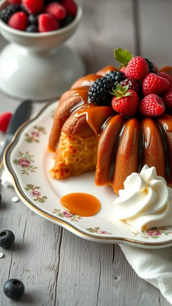 A slice of Baba au Rhum cake topped with berries and caramel sauce on a decorative plate.