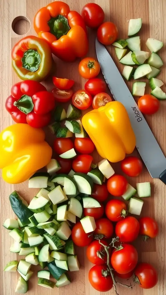 Chopped colorful vegetables including bell peppers, tomatoes, and zucchini on a wooden cutting board