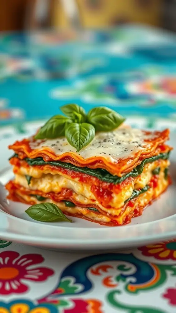 A delicious serving of vegetable lasagna topped with fresh basil on a colorful table.