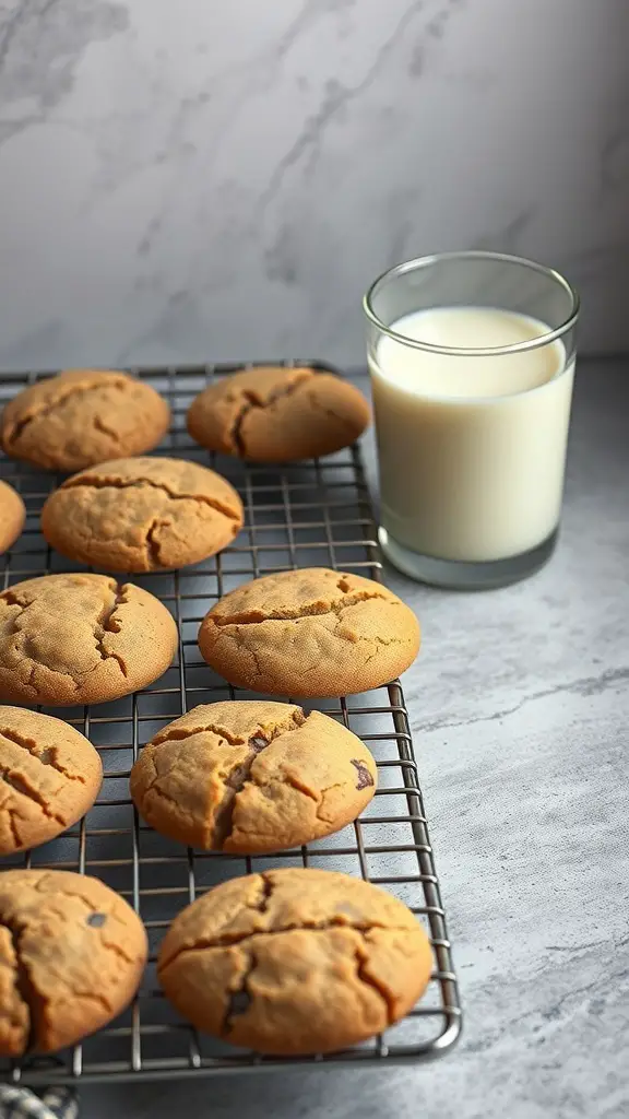 Freshly baked brown butter cookies cooling on a wire rack with a glass of milk