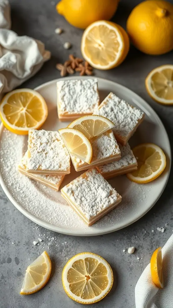 A plate of keto lemon bars garnished with lemon slices and powdered erythritol.