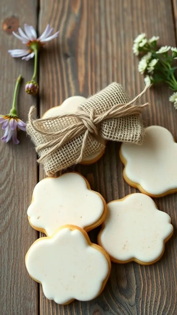 Rustic vintage sugar cookies wrapped in burlap with flowers on a wooden table
