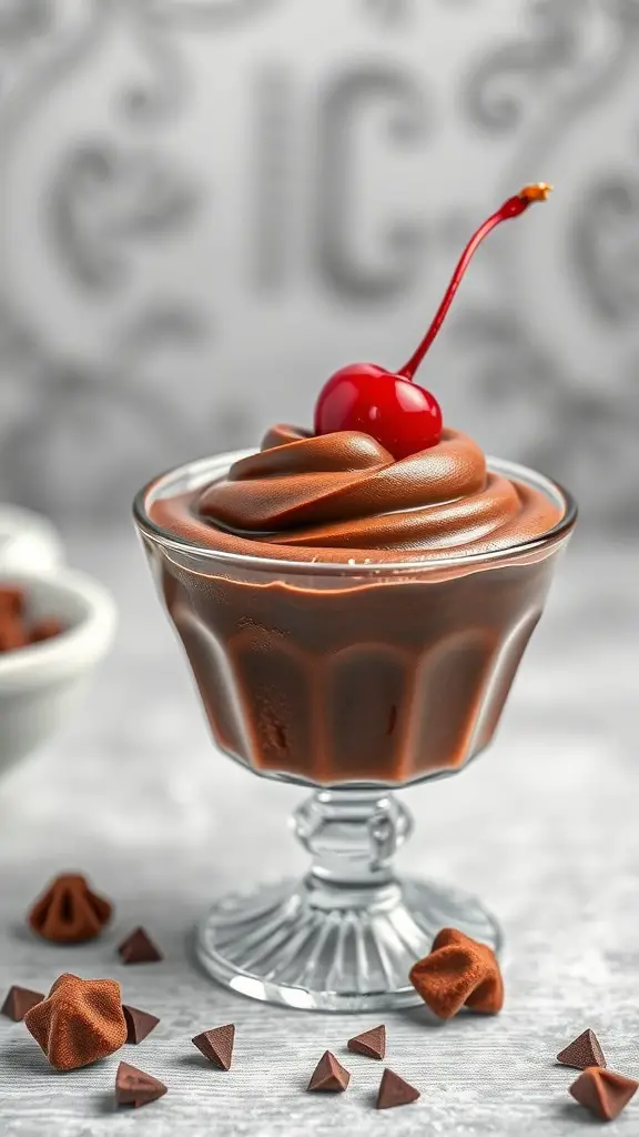 A glass of sugar-free chocolate mousse topped with a cherry, surrounded by chocolate pieces.