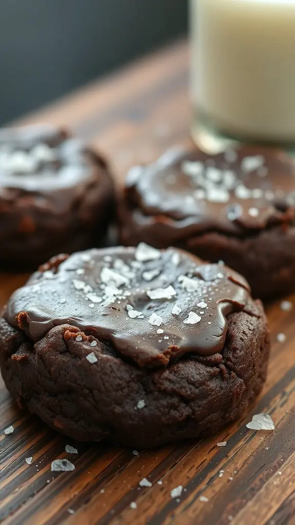 Chewy chocolate brownie cookies topped with chocolate glaze and sea salt