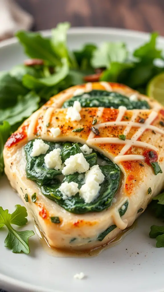 A plate of Spinach and Feta Stuffed Chicken Breast garnished with greens.