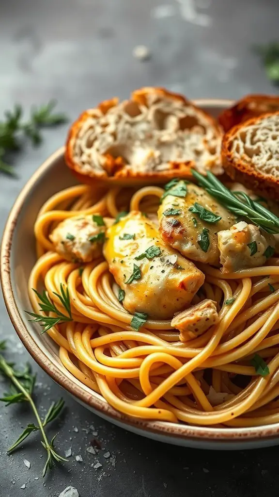 A bowl of garlic butter chicken spaghetti with herbs and crusty bread on the side.