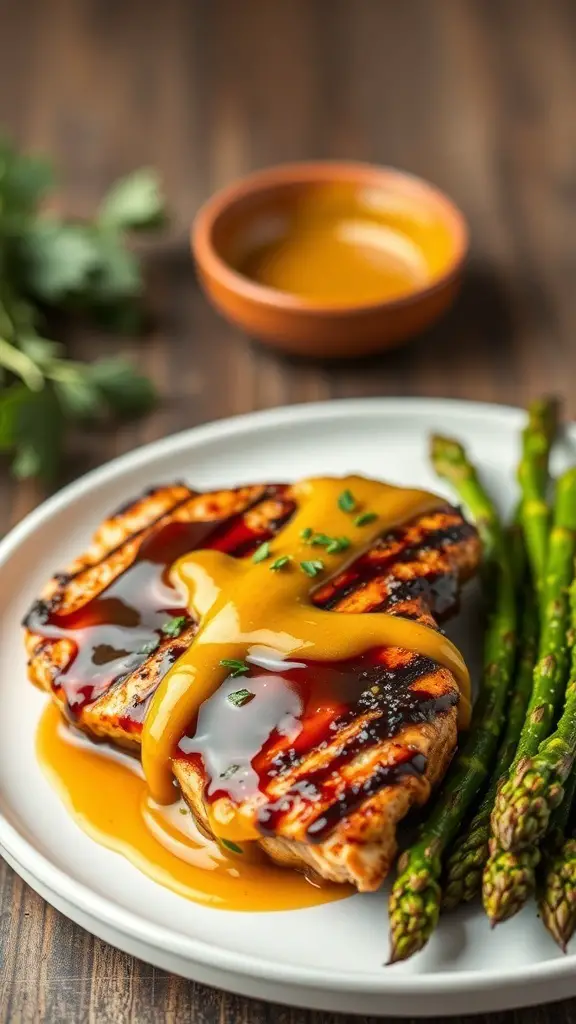 Grilled chicken with honey mustard balsamic sauce and asparagus on a plate