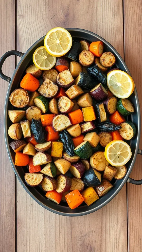 A tray of colorful roasted vegetables with lemon slices on top.