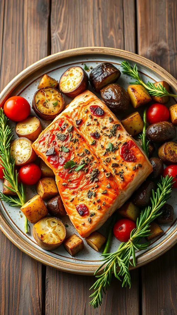 A plate of roasted salmon with Mediterranean vegetables, including potatoes and cherry tomatoes, garnished with rosemary.