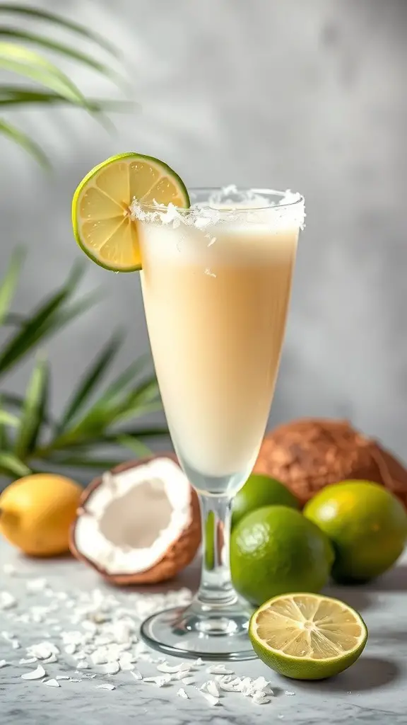 A refreshing Coconut Lime Christmas Punch in a tall glass, garnished with a lime slice and surrounded by fresh limes and a coconut half.