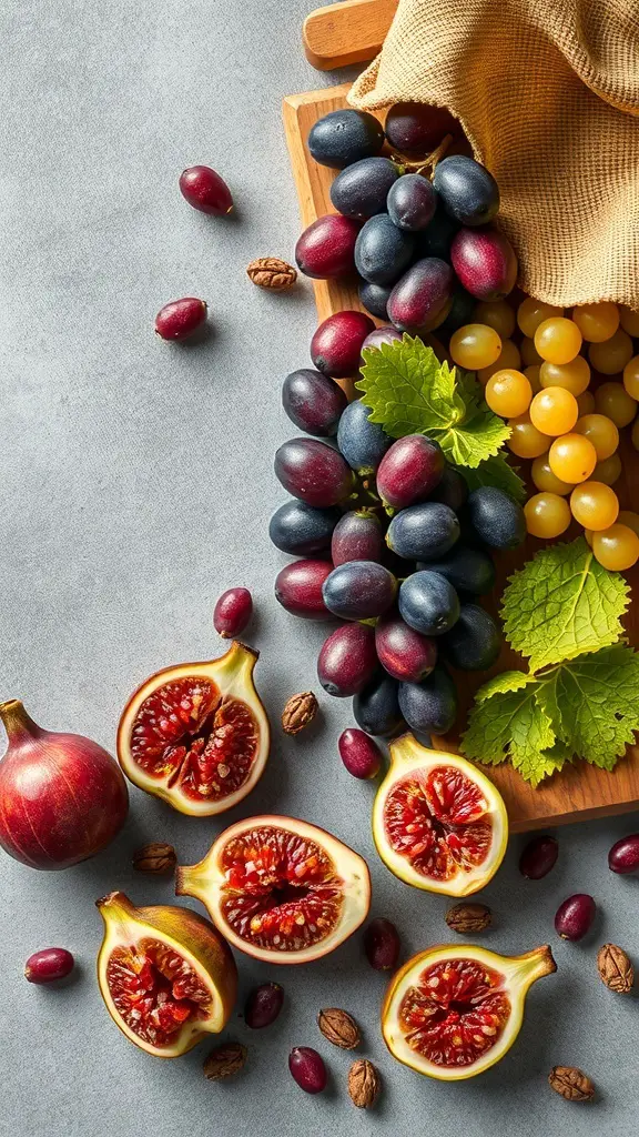 A colorful assortment of grapes, figs, and nuts arranged on a platter.