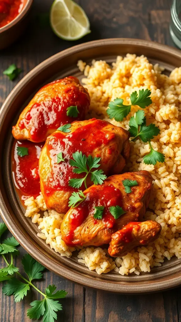 A plate of spicy harissa chicken thighs served with rice and garnished with cilantro.